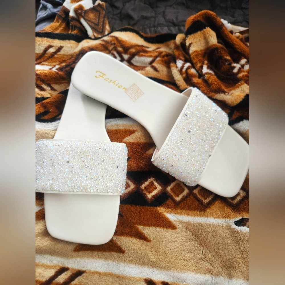 Fashion White Glitter Slide Sandals